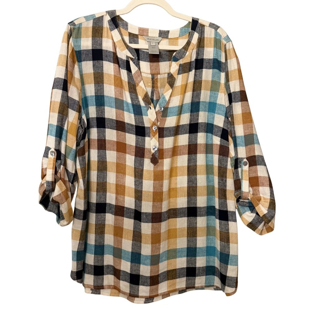 Multiples Plaid Henley Top - Size L - Like NEW